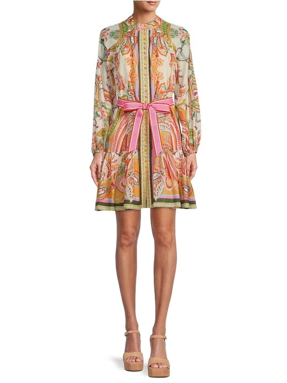 Floral Paisley Print Mini Dress with Pink Tie Belt - Picture 3 of 5